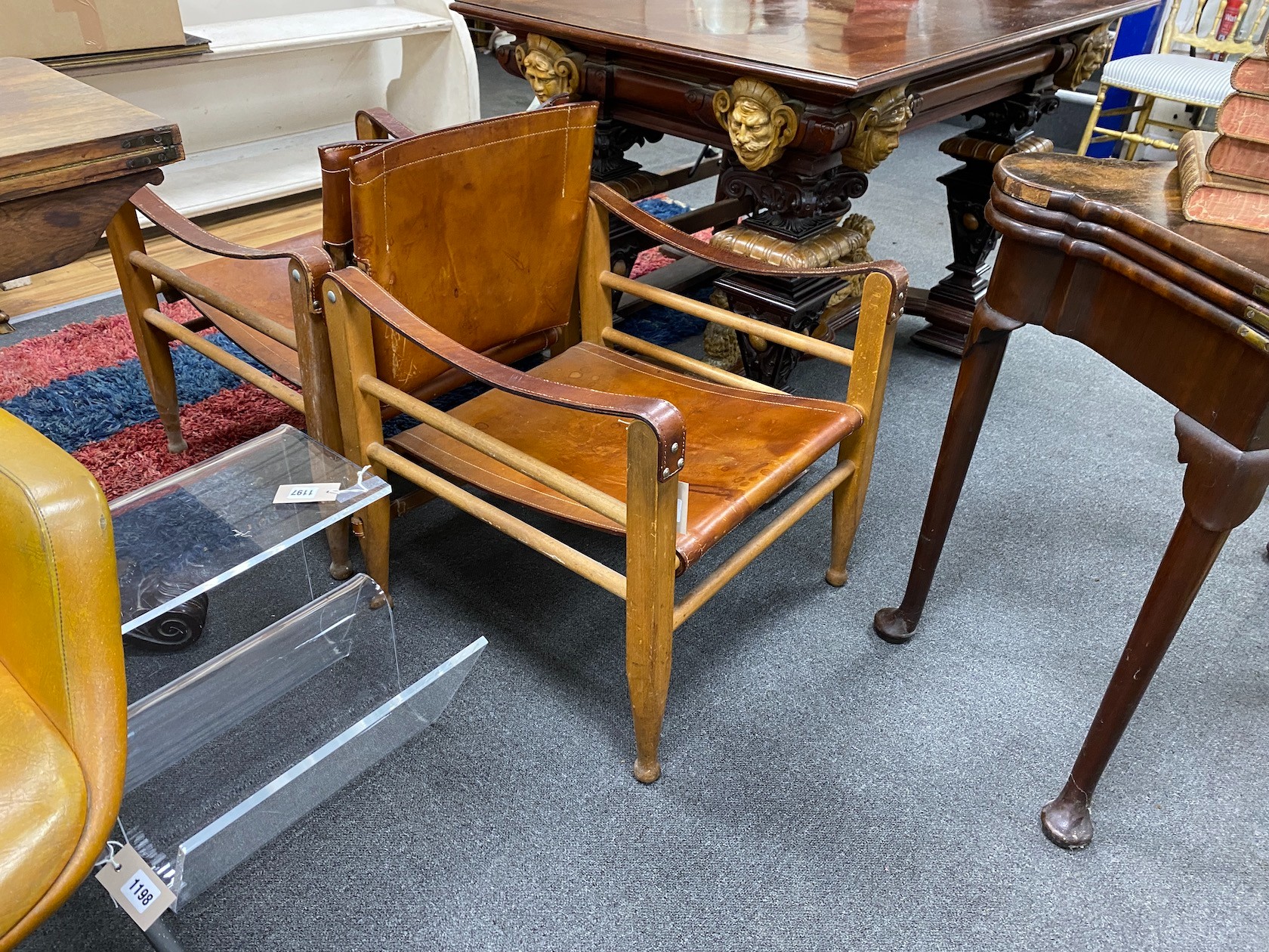 A pair of Scandinavian armchairs, possibly designed by K Klint, made by Aage Bruun & Son, 1960s, width 57cm, depth 57cm, height 70cm